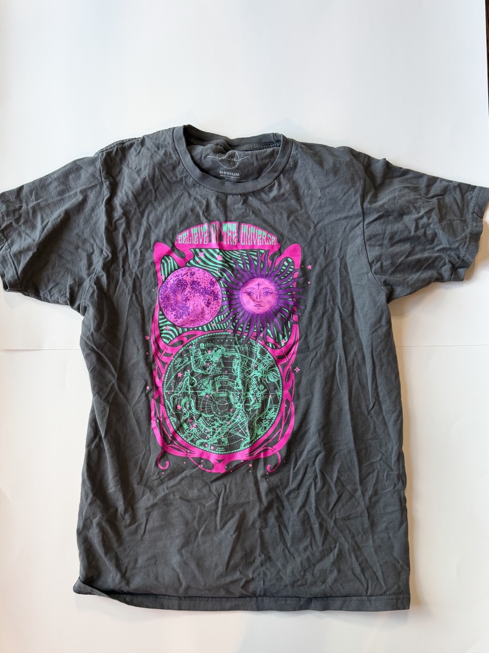 Graphic Short Sleeve Tee with Pink & Teal Celestial Print